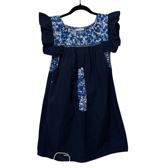 Mi Golondrina 100% Cotton Navy Blue Floral Embroidered Mini Dress Size Small - Picture 2 of 5